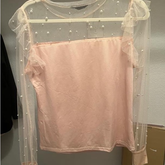 chic Blush Pink Pearl-Embellished Mesh Yoke Top - Picture 2 of 2